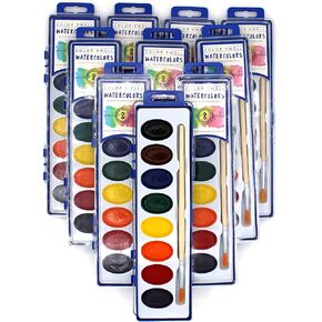 Color Swell 36 Set Bulk Watercolor Paint Pack with Wood Brushes 8 Colors Washable Water Colors Perfect for Kids Classroom Parties Students All Ages