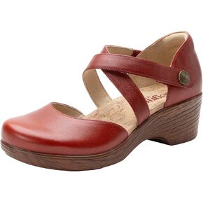 Alegria Womens Savina Leather Wedge - Stylish and Versatile Mary Jane for Endless Support - Enhanced Arch Slip Resistant Platform Ankle Cross Strap Heel for Professionals