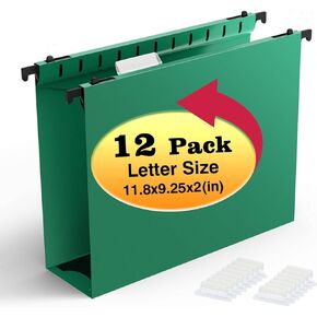 Extra Capacity Plastic Hanging File Folder,12 Pack Reinforced Hang Folders Letter Size,Heavy Duty 2 Inch Expansion,Filing Cabinet Folders,for Bulk Files, Medical Charts,Assorted Colors