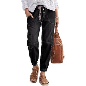 Flamingals Straight Leg Button Fly Jeans for Women Multi Pocket Mid Rise Jeans Without Belt Denim Pants
