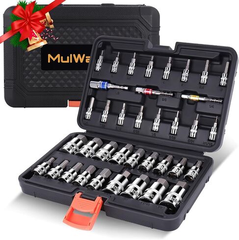 مجموعة مقابس ألين سداسية فاخرة مكونة من 37 قطعة من MULWARK، 3/8، 1/4، 1/2 بوصة. القيادة، السيارات، الدراجة، الدراجات النارية ومركبة ATV | SAE & Metric S2 مقبس CR-V مصنوع من الفولاذ وعزم الدوران العالي (عادي، 37 قطعة) in Kuwait