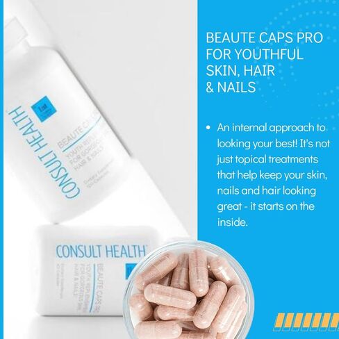Consult Health Beaute Caps PRO - يدعم صحة الشعر والبشرة والأظافر - البيوتين 10.500 ميكروغرام - مركب البرتقال الأحمر - الكولاجين - دعم عالي الفعالية - فيتامين C وD - معادن - 30 يومًا - 60 كبسولة in Kuwait