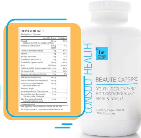 Consult Health Beaute Caps PRO - يدعم صحة الشعر والبشرة والأظافر - البيوتين 10.500 ميكروغرام - مركب البرتقال الأحمر - الكولاجين - دعم عالي الفعالية - فيتامين C وD - معادن - 30 يومًا - 60 كبسولة in Kuwait