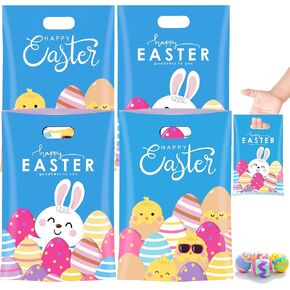 MOSHAKALA 40 Pcs Happy Easter Gift Bags,Easter Bunny Plastic Tote Bag, Reusable Snack Treat Goody Candy Bag, Cute Rabbit Party Favor Bags for Eggs Hunt,Party Supplies