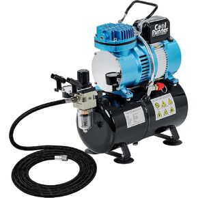 طقم ضاغط هواء بمروحة مزدوجة من Master Airbrush 1/5 HP Cool Runner II موديل TC-320 - مكبس فردي احترافي مع مروحتي تبريد، وقت تشغيل أطول دون ارتفاع درجة الحرارة - منظم لمصيدة المياه، حامل in Kuwait