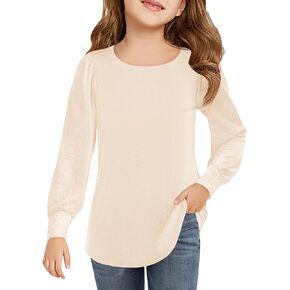 Haloumoning Girls Puff Long Sleeve Shirts Kids Casual Crewneck Soft Tunic Tops Blouse 5-14 Years
