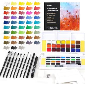 Funto Watercolor Paint Set, 48 Colors, Tutorial Pad, 8 Brushes, Water Brush Pen, Pencil, Fineliner, Eraser, Tape, Pencil Sharpener, Spray Bottle, Painting Set for Adults, Beginners, Professional