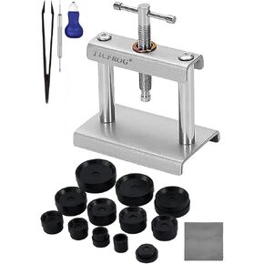 Watch Press Tool, Watch Crystal Press Battery Replacement Tool with Watch Back Remover Tool, Watch Case Opener, Cleaning Cloth, Spring Bar Tool and 18pcs Dies for Round/Square Watch Dials