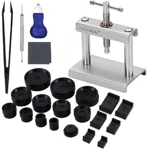 Watch Press Tool, Watch Crystal Press Battery Replacement Tool with Watch Back Remover Tool, Watch Case Opener, Cleaning Cloth, Spring Bar Tool and 18pcs Dies for Round/Square Watch Dials