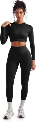 SUUKSESS Women 2 Piece Workout Sets Hidden Scrunch Butt Lifting Seamless Leggings Long Sleeve Yoga Crop Tops in Saudi Arabia