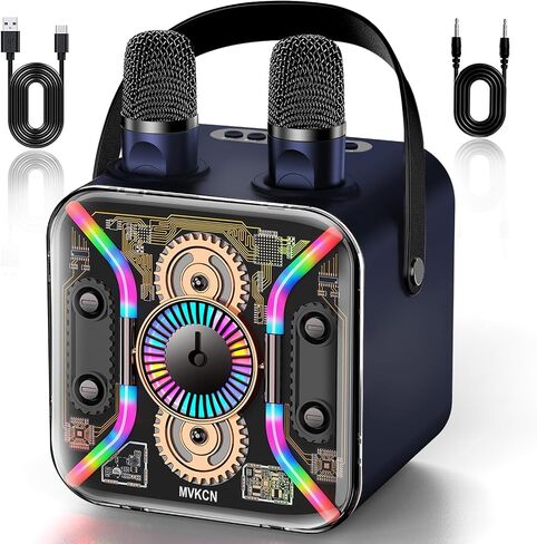 MVKCN Karaoke Machine with Two Wireless Microphones for Adults Kids, Portable Bluetooth Speaker with Bass, Rechargeable PA System LED Lights, Supports TF Card/USB, AUX in, for Party, Black in Saudi Arabia
