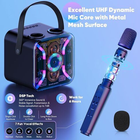 MVKCN Karaoke Machine with Two Wireless Microphones for Adults Kids, Portable Bluetooth Speaker with Bass, Rechargeable PA System LED Lights, Supports TF Card/USB, AUX in, for Party, Black in Saudi Arabia