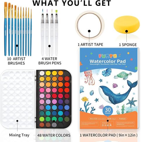 Funto Watercolor Paint Set, 48 Colors, Tutorial Pad, 8 Brushes, Water Brush Pen, Pencil, Fineliner, Eraser, Tape, Pencil Sharpener, Spray Bottle, Painting Set for Adults, Beginners, Professional in Saudi Arabia