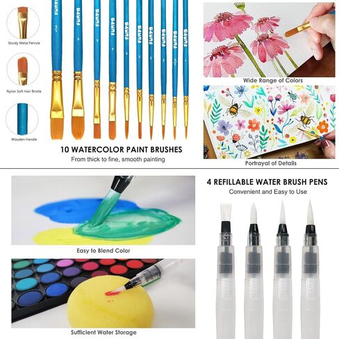 Funto Watercolor Paint Set, 48 Colors, Tutorial Pad, 8 Brushes, Water Brush Pen, Pencil, Fineliner, Eraser, Tape, Pencil Sharpener, Spray Bottle, Painting Set for Adults, Beginners, Professional in Saudi Arabia