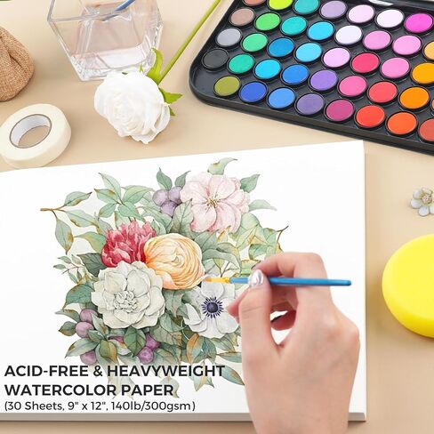 Funto Watercolor Paint Set, 48 Colors, Tutorial Pad, 8 Brushes, Water Brush Pen, Pencil, Fineliner, Eraser, Tape, Pencil Sharpener, Spray Bottle, Painting Set for Adults, Beginners, Professional in Saudi Arabia