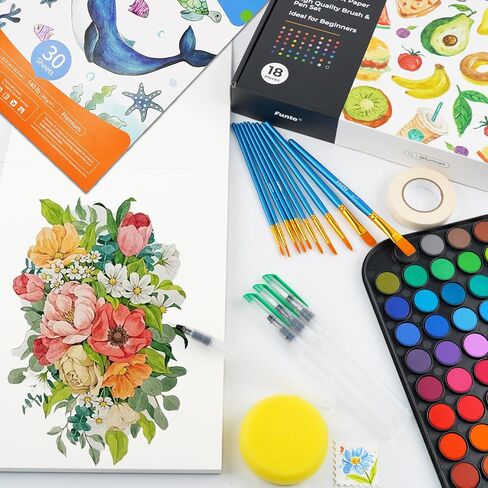 Funto Watercolor Paint Set, 48 Colors, Tutorial Pad, 8 Brushes, Water Brush Pen, Pencil, Fineliner, Eraser, Tape, Pencil Sharpener, Spray Bottle, Painting Set for Adults, Beginners, Professional in Saudi Arabia