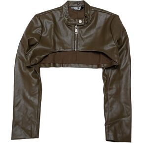 Allegra K Women's Faux Leather Cropped Top Stand Collar Zipper Front Moto Biker Long Sleeve Jacket Coat