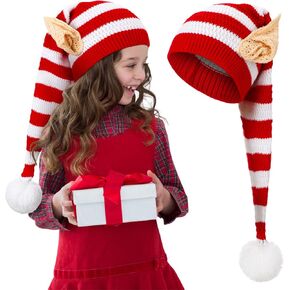 Funtery Christmas Knitted Elf Hats with Ears for Kids Adults Crochet Long Santa Hats Beanie Elf Costume Accessories