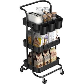 ALVOROG 3-Tier Rolling Utility Cart Movable Storage Organizer Shelves with Wheels and Hanging Cups Multifunctional Service Cart for Kitchen, Office, Coffee Bar-Black