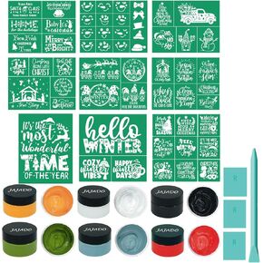 JAJADO Chalk Paste Paint for Christmas Stencils Set 20 Pcs, Winter Silk Screen Stencils Reusable Adhesive Screen Print Stencils Xmas Mesh Transfers Chalk Paint for Craft on Wood DIY T-Shirt Gift Card