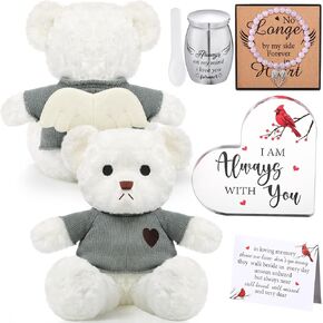 Kenning 5 Pcs Funeral Gift Set Cremation Stuffed Bear for Ashes with Spoon Tiny Urn Keepsake Acrylic Heart Shaped Memorial Plaque Decor Bracelet with Wings for Remember Loss of Loved One (Black)