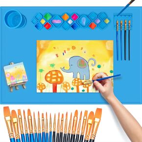XL Silicone Paint Mat for Kid, 24"x16" Painting Station for Kids Gift Silicone Art Mat, Silicone Mats for Crafts with Paint Brush Cleaner Tray Palettes, Painting Brushes Mini Canvas Easel (Pink)