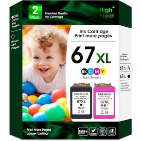 67XL Printer Ink Cartridge High Yield Replacement for HP 67 XL for HP DeskJet 1255 2755 2722 2700e Plus 4152 4155 Envy 6052 Pro 6052 6455 (1 Black, 1 Color)