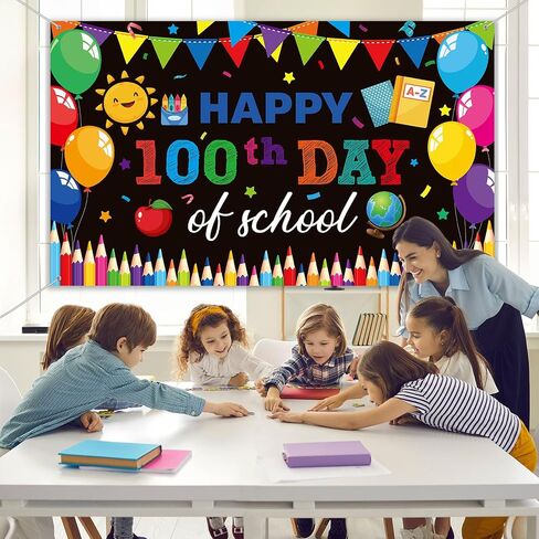 100th Day of School Banner Decorations 100 Days School Background Backdrop Happy 100th Day School Photography Props Photo for Kids School Classroom 100th Day of Party Supplies, 72.8 x 43.3 Inch in Kuwait