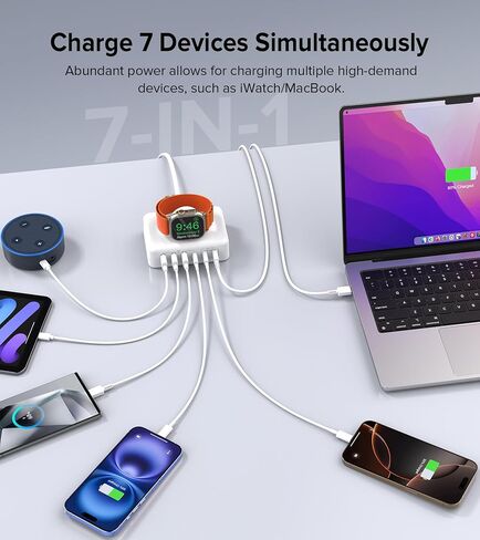 125W Fast Charger Station,for Apple Watch 7-in-1 USB C Wall Charging Station Wireless Multiport Desk Charger Type C Block Hub Power Adapter Power for iPhone15/14/13/12/11,iPad/Pro,Galaxy S23 Ultra,S23 in Saudi Arabia