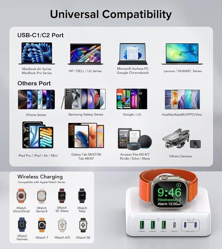 125W Fast Charger Station,for Apple Watch 7-in-1 USB C Wall Charging Station Wireless Multiport Desk Charger Type C Block Hub Power Adapter Power for iPhone15/14/13/12/11,iPad/Pro,Galaxy S23 Ultra,S23 in Saudi Arabia