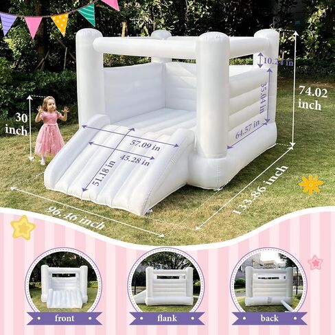 White Bounce House for Kids 2-8 Indoor Outdoor Toddlers Oxford Bouncy Castle with Slide & Blower,103 x 71 x 90 inch Birthday Party Gifts for Halloween Christmas in Kuwait