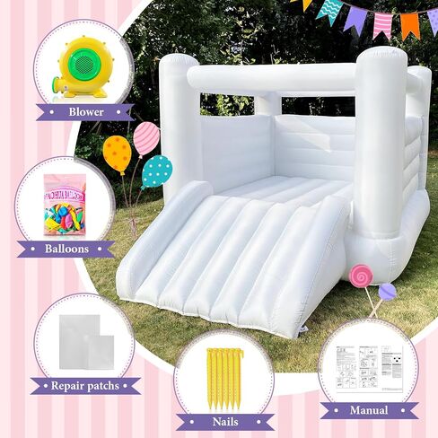 White Bounce House for Kids 2-8 Indoor Outdoor Toddlers Oxford Bouncy Castle with Slide & Blower,103 x 71 x 90 inch Birthday Party Gifts for Halloween Christmas in Kuwait
