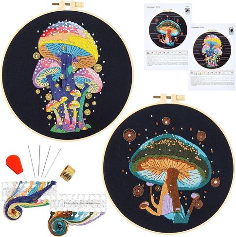 Armindou Easy Embroidery Starter Kit for Beginners Adults, Hand Embroidery Needlepoint Kit Counted Stamped Cross Stitch kit for Beginners Adult, 2 Embroidery Hoop, 2 Set Embroidery Fabric with Pattern in Kuwait