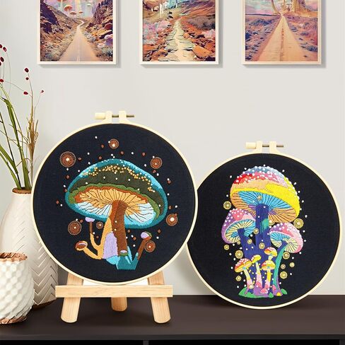 Armindou Easy Embroidery Starter Kit for Beginners Adults, Hand Embroidery Needlepoint Kit Counted Stamped Cross Stitch kit for Beginners Adult, 2 Embroidery Hoop, 2 Set Embroidery Fabric with Pattern in Kuwait