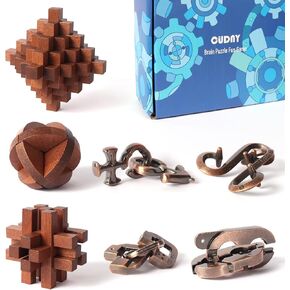 7 Pieces Unlock Interlock Brain Teaser Games Retro Wooden and Metal Puzzles IQ Logic Fun Puzzle Box