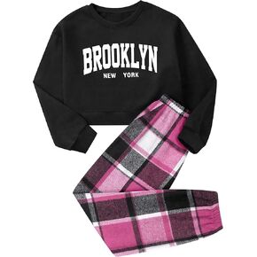 Girls Clothes Kids Clothes Girls Size 10-12 Letter Print Drop Shoulder Pullover Sweatshirt + Plaid Sweatpants Girls' Clothing Sets Girls Size 12 Clothes Girls Clothes Size 10 12