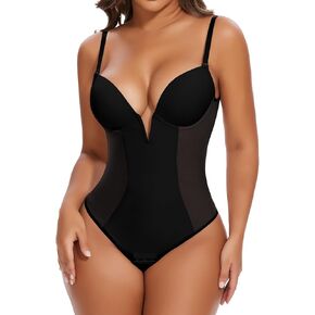 SHAPERIN Women's Low Back Shapewear Tummy Control Plunge Deep V Neck Backless Body Shaper Thong Bridal Bodysuit Bra Fajas