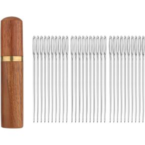 Couple Embroidery Art Sewing Needles Premium Stainless Steel Large Eye Sewing Needles 30 Pieces #24 with Vintage Wooden Needle Case Perfect for Embroidery Hand Sewing and Crafts