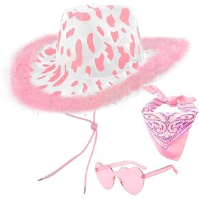 Cow Print Cowboy Hat with Feathers, Heart Sunglasses and Bandana for Women Western Party Cowgirl Costume Accessory