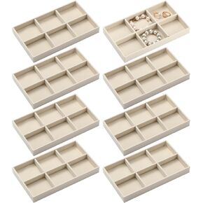 Highergo 8 Pcs Small Velvet Jewelry Trays Stackable Drawers Organizer Trays Ring Earring Storage Trays, 8.3x4.7x1''(Beige,18 Grids)