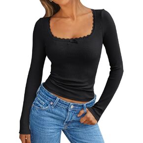 Trendy Queen Womens Long Sleeve Shirts Crop Square Neck Ribbed Tops Basic Slim Fit Y2K Fall Winter Clothes Outfits 2024