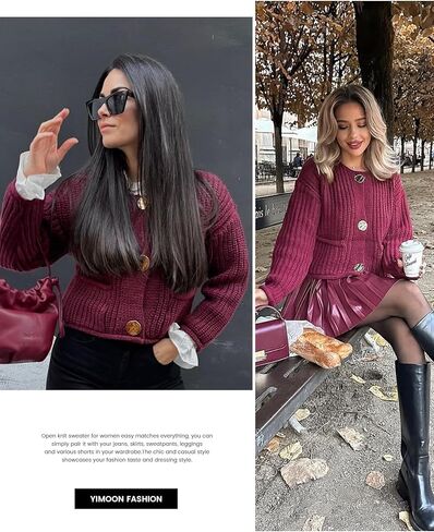 سترة صوفية نسائية من Yimoon سترة صوفية مقصوصة بأزرار سفلية سترة محبوكة مكتنزة وأكمام طويلة للخريف مفتوحة من الأمام in Saudi Arabia