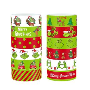 12 Rolls Christmas Washi Tape Funny Cartoon Characters Decorative Tape Green Red Xmas Holiday Masking Tape for Christmas Scrapbook Journal Calendar DIY Craft Gift Wrapping, 16.4ft x 0.6"