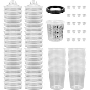 Disposable Paint Sprayer Mixing Cup Liners and Lid System for HVLP Spray Gun,Car Paint Gun 27 Ounce(800ml) Kit with 40 Cups Liners,40 Lids with Strainer,1 Hard Cup with Retainer Ring,20 Plugs