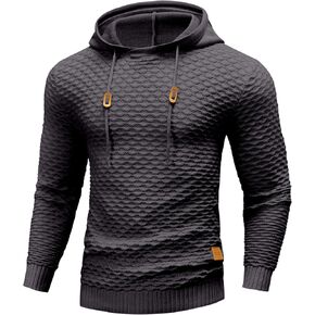 Mens Hooded Sweatshirt Casual Long Sleeve Drawstring Solid Knitted Hoodie Pullover Sweater