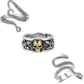 Black Snake Ring Adjustable Gold Snake Rings for Women Silver Snake Ring Set Goth Rings Gold Snake Jewelry for Women Snake Accessories Animal Reptile Serpent Punk Rings