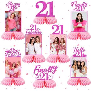 8Pcs Hot Pink 16th Birthday Decorations Honeycomb Centerpieces for Girls, Pink Glitter Happy Sweet 16 Birthday Photo Table Centerpieces Sixteen Year Old Birthday Table Topper Party Supplies