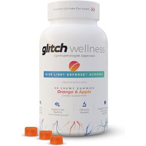 Glitch Blue Light Defense Vitamins for Eyes – 60 Eye Health Gummies with Lutein & Zeaxanthin Supplement – Delicious & Vegan Eye Vitamins for Seniors - Orange/Apple Vision Supplement for 30 Days