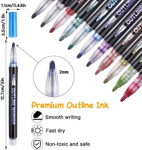 STEFORD 12 Colors Shimmer Markers Outline Double Line, Metallic Pens Set Outline Markers for kids ages 8-12 Shimmer Glitter Pens Set for Birthday Greeting, DIY Art Crafts, Scrap Booking in Saudi Arabia