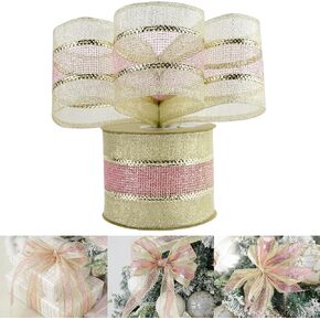 HUIHUANG Champagne Gold Wired Satin Ribbon with Glitter Stripe Edges 2.5 inch, Champagne Christmas Ribbon for Tree, Bows Making, Wreath Supplies, Gift Wrapping Garland, Home Decor, Crafts -10 Yards in Kuwait